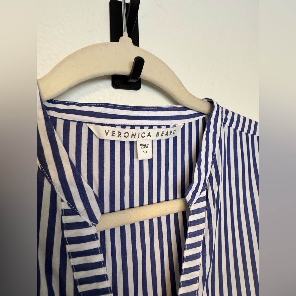 Veronica Beard Ruched Striped Cotton Shirt Dress Sleeveless Size 10 Blue EUC - Picture 9 of 13